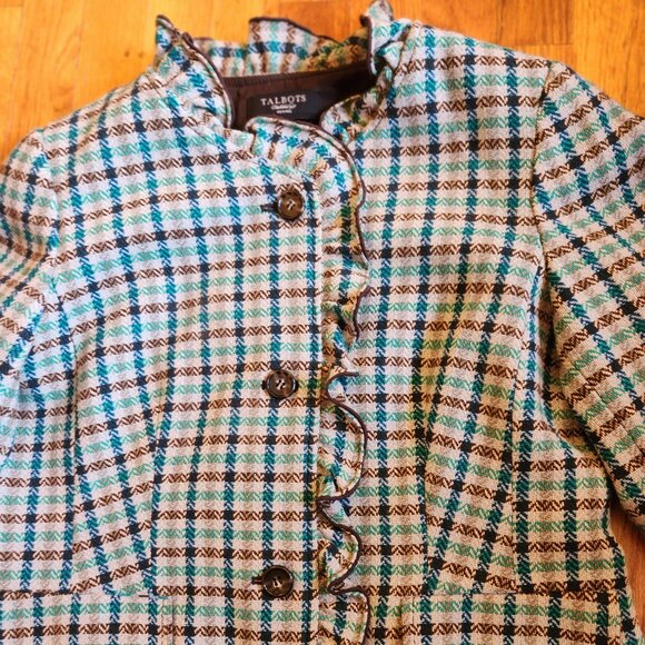 Talbots Brown/Teal Tweed Plaid Ruffled Blazer Elbow Patches Wool Blend Size 12P - Picture 8 of 12